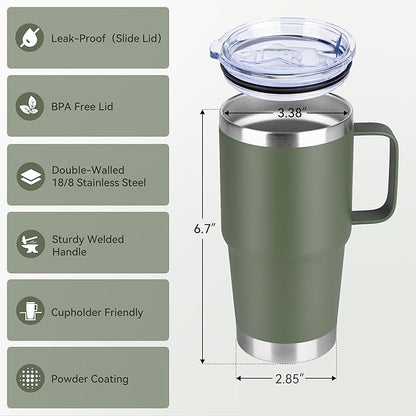 20oz Tumbler Bulk with Lid, Stainless Steel Tumbler Bulk with Handle, Metal Insulated Travel Coffee Mug Set with Handle, Double Wall Vacuum Leak Proof Tumbler Cup, Amy Green 6 Pack