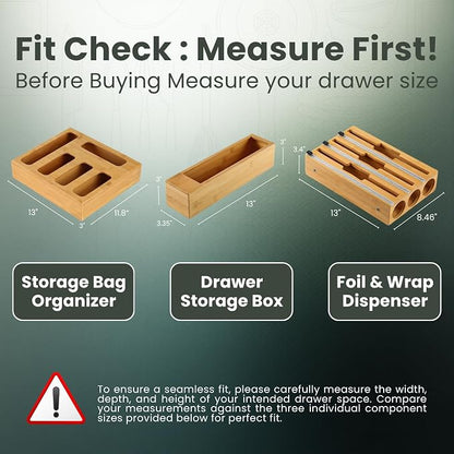 9 IN 1 Storage Bag Organizer for Kitchen Drawer - Wall Mounted | Bamboo Foil and Plastic Wrap with Cutter, Ziplock Bag Organizer for Gallon, Sandwich & Snack Bags - Aluminum Foil Organizer