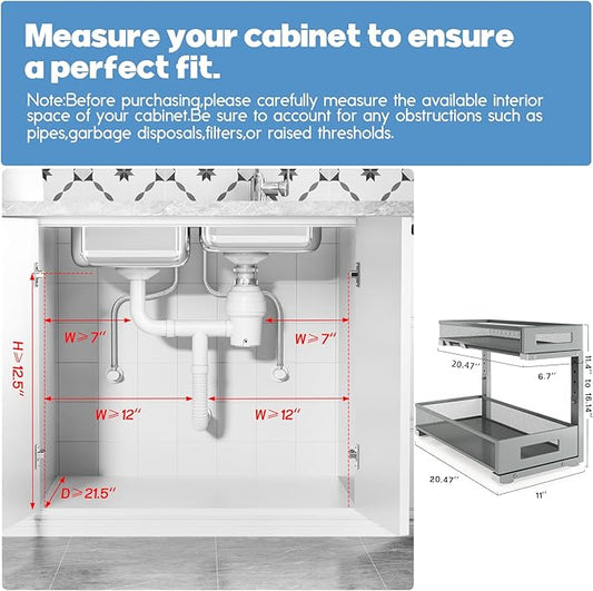 2 Pack 20.47IN Depth Under Sink Storage Organizer, Large 2-Tier Elegant Mesh Pull Out Shelf for Kitchen and Bathroom Cabinet Organization, L-Shaped and Adjustable Height Design-Gun Gray