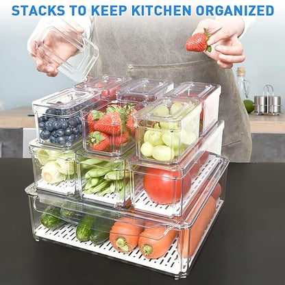 POMEAT 10 Pack Fridge Organizer, Stackable Refrigerator Organizer Bins with Lids, Produce Fruit Storage Containers for Storage Clear for Food, Drinks, Vegetable Storage