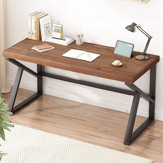 IBF Solid Real Wood Desk, Minimalist 60” Natural Wood Computer Desk, Rustic Desk for Home Office Writing Study, Vintage Industrial Wooden PC Gaming Workstation Computer Table, Brown, 60 Inch