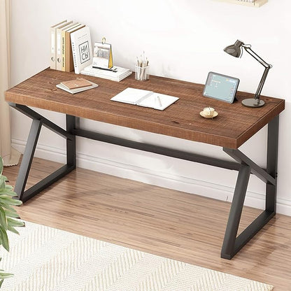 IBF Solid Real Wood Desk, Minimalist 60” Natural Wood Computer Desk, Rustic Desk for Home Office Writing Study, Vintage Industrial Wooden PC Gaming Workstation Computer Table, Brown, 60 Inch