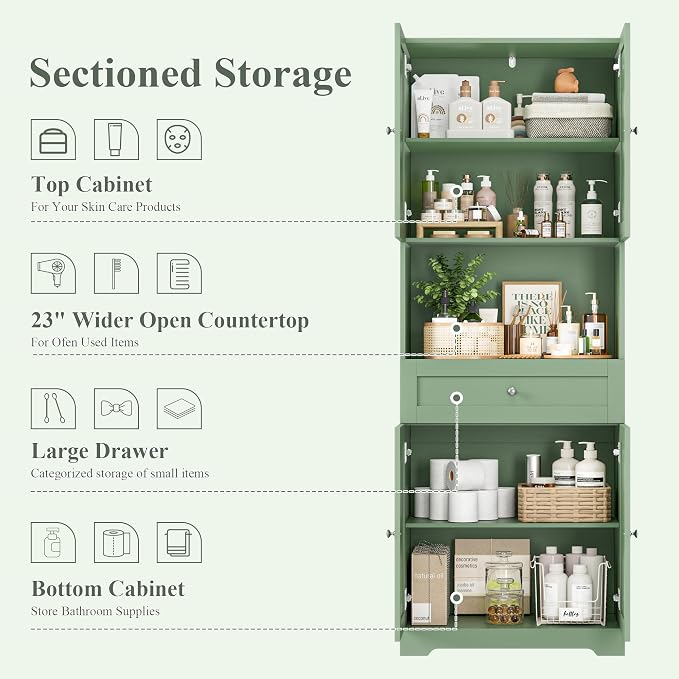 Tall Bathroom Storage Cabinets with Drawer, Modern Linen Cabinet with Doors & Shelves, 67"H Tall Storage Cabinet Freestanding for Bathroom, Dining Room, Kitchen & Pantry, Laundry, Narrow Corner, Green
