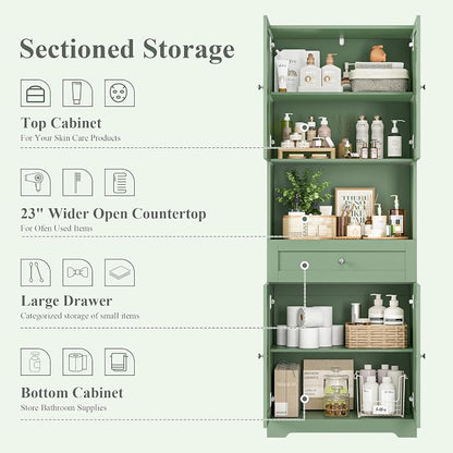Tall Bathroom Storage Cabinets with Drawer, Modern Linen Cabinet with Doors & Shelves, 67"H Tall Storage Cabinet Freestanding for Bathroom, Dining Room, Kitchen & Pantry, Laundry, Narrow Corner, Green