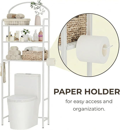 Over The Toilet Storage Rack - 3 Tier Bathroom Organizer with 4 Hooks & Paper Holder - Space Saving Metal Shelf for Bathroom - White Toilet Storage