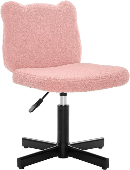 LUE BONA Adjustable Vanity Stool Chair with Girly Bear Ear Wide Back, 360° Swivel Vanity Stool for Makeup Room, Upholstered Teddy Velvet Ottoman for Girls, 350lbs, Pink