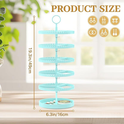 MODOWEY 5 Tier Rotating Earring Holder Organizer Display Tree with Metal Tray, Adjustable Plastic Stand with 285 Slots for Stud Hoop Hanger, Large Capacity Storage Rack for Women Space Saving, Blue