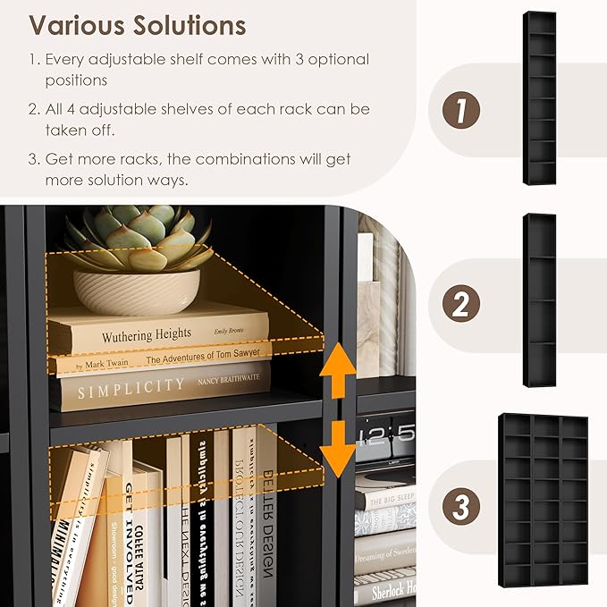 FOTOSOK 2 Pcs 71'' Tall Narrow Bookshelf, 8-Tier Media Tower Rack Set of 2, CD DVD Storage Cabinet with Adjustable Shelves, Tall Narrow Bookcase Skinny Display Bookshelf Slim Shelf, Black