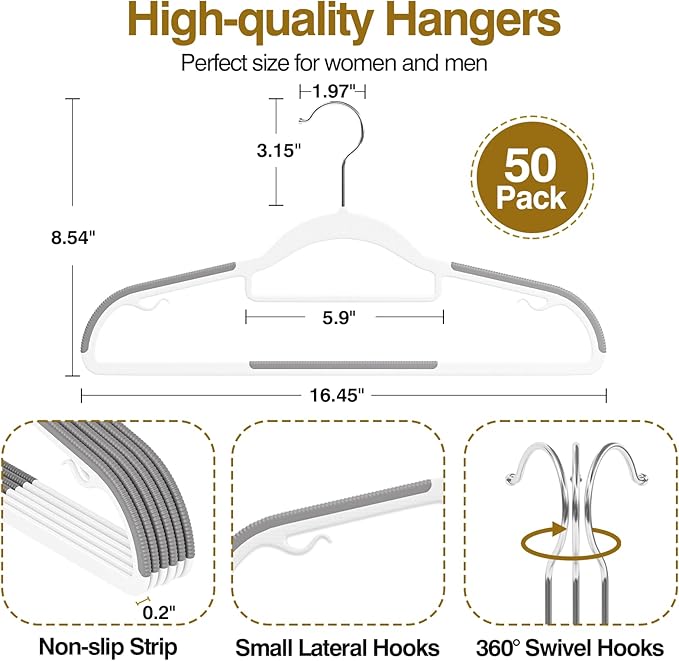 Plastic Hangers 50 Pack, 16.5 in Heavy Duty Clothes Hangers with 360° Swivel Hook, Non-Slip Bar & 0.2" Ultra-Slim Space-Saving Organizers for Coats, Pants, Suits, Shirts, White & Dark Gray
