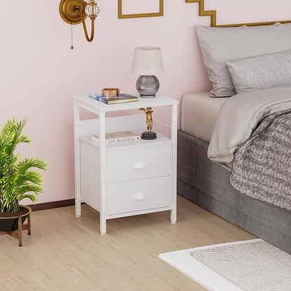 Furologee Nightstand Bedside Table with 2 Fabric Drawers, White Side Table with 2-Tier Shelf, Night Stand with Hooks, for Bedroom, Living Room, Backboard Design, Wooden Top, Metal Frame, White