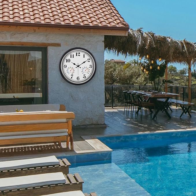 45MinST 16 Inch Silver Vintage Large Indoor/Outdoor Waterproof Wall Clock with Thermometer & Hygrometer, Silent Non-Ticking Quartz Timepiece for Home, Porch, Garden