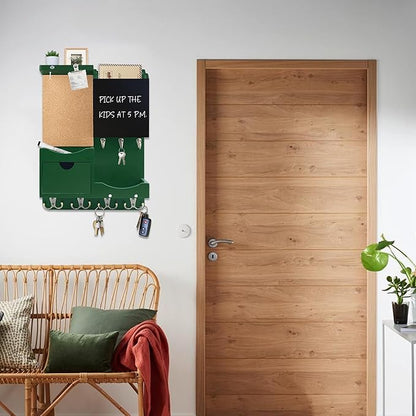 Key Holder Wall Mount， Mail Organizer Key Holder for Wall with Shelf, Drawer, Chalkboard, Corkboard, Home Decor Wall Mounted for Room Entryway (Green)