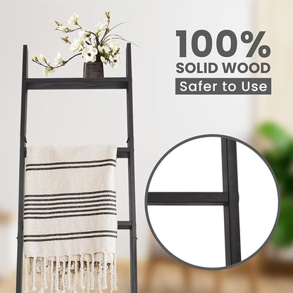 5-Tier Blanket Ladder – 4.8 Ft Wall Leaning Quilt Rack, Farmhouse Blanket Storage for Living Room, Bedroom & Bathroom – Rustic Decorative Wooden Towel & Quilt Holder, Easy to Assemble