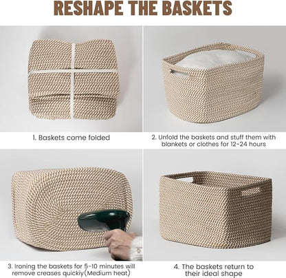 5 Pack Woven Storage Baskets for Shelves, Decorative Basket Organizer Storage Bins for Toys, Books, Clothes, Closet, Nursery, Bathroom – Cotton Rope Shelf Baskets for Organizing and Decor, Khaki