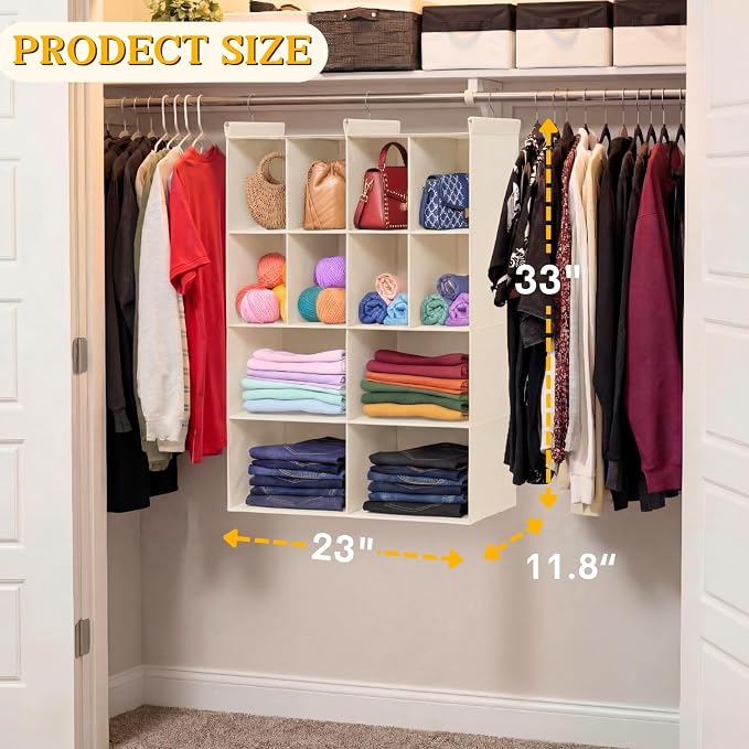 Ofiray-home 4 Tier Hanging Closet Organizer, 12 Compartments Sweater Organizer for Closet with 3 Sturdy Hooks, Closet Organizers and Storage, Wardrobe, Rv, Garment Rack, Beige
