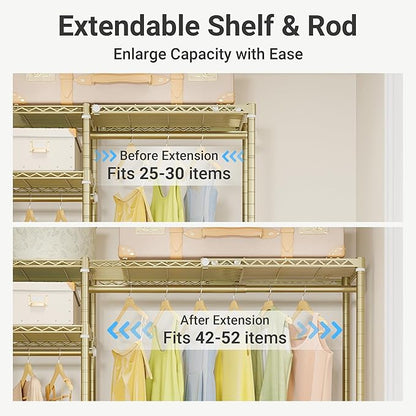 VIPEK X20 Expandable Metal Clothing Rack Adjustable from 3'3" to 4'8" Heavy Duty Garment Racks with Adjustable Shelves and Hanger Rods Portable Wardrobe Open Closet Rack System, Gold