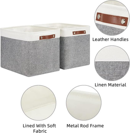 HNZIGE Large Fabric Storage Baskets Bins for Organizing [2 Pack] Foldable Storage Bin Tall Baskets for Shelves 16" X 11.8" X 11.8" Canvas Rectangular Decorative Storage Bins for Closet(Gray&White)