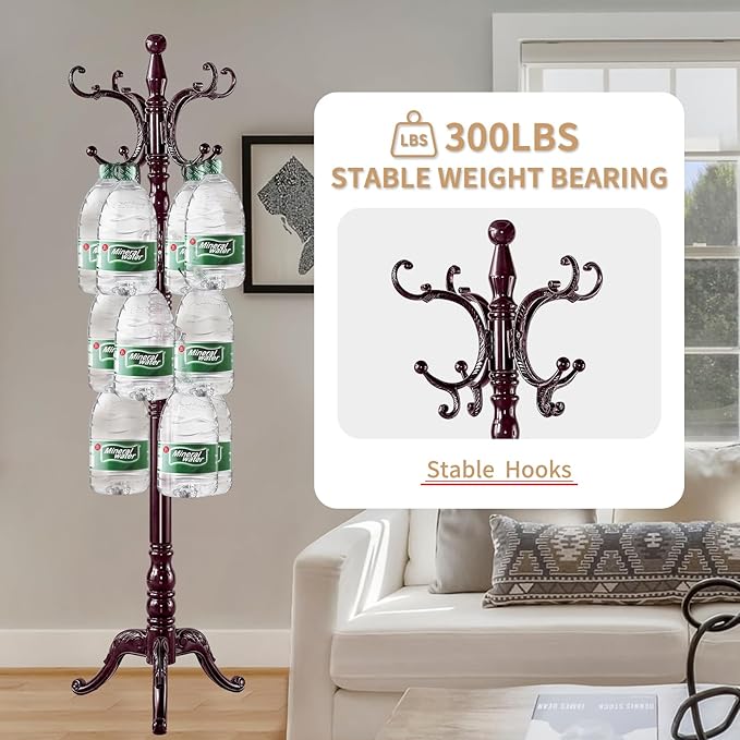 ZOZOE Wooden Classic Coat Rack Stand, Solid Wood Coat Rack Freestanding with 14 Hooks, Vintage Coat Racks with Sturdy Triangle Base, Natural Birch Wood Coat Clothes Tree Stand for Entryway Hallway