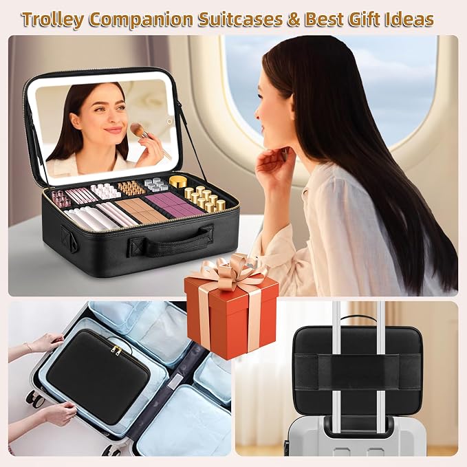 15''X11'' Large Makeup Bag with Removable Lighted Mirror, Professional Travel Makeup Train Case PU Leather Cosmetic Make up Organizer with Adjustable Dividers & Brush Storage Board