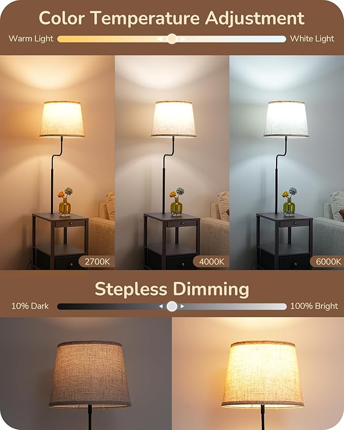 EDISHINE Floor Lamps for Living Room, Dimmable Bedside Floor Lamp with Table and 2 Shelves, USB-A+Type-C Port, Farmhouse Standing Light for Bedroom, Den, Office, Kids Room with Bulb, Dark Walnut