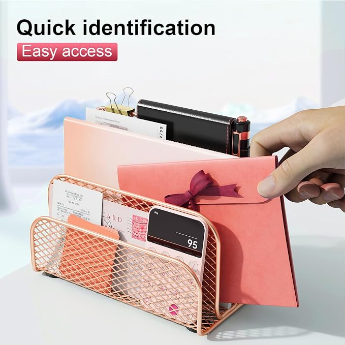 gianotter Mail Organizer Countertop, Metal File Holder with 3-Slot, Rose Gold Desk Accessories & Workspace Organizers (Rose Gold)