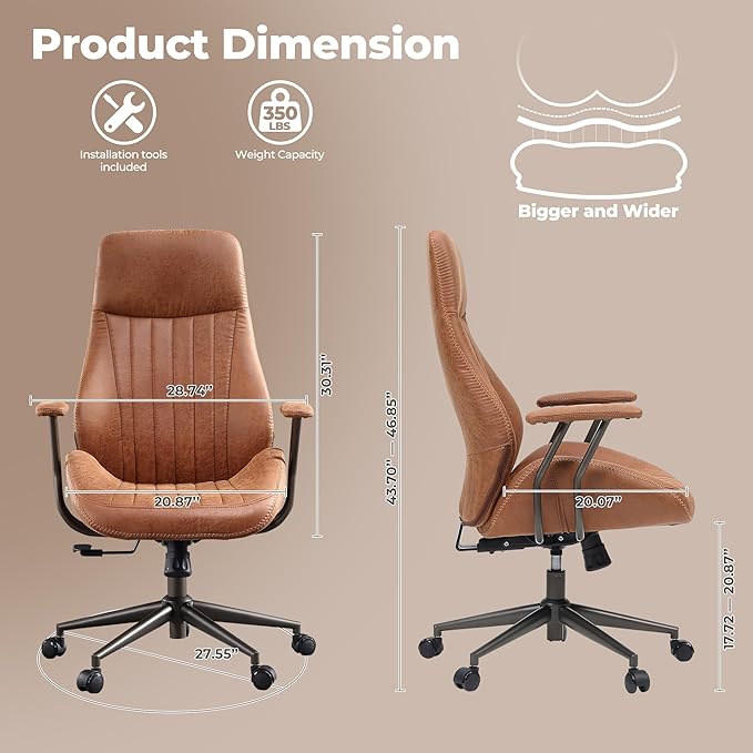 ovios Home Office Chair, Mid-Century Modern Faux Suede Leather Ergonomic Chairs, High Back Comfy Computer Swivel Rolling Task Executive Armchair, Brown