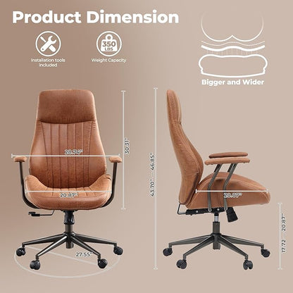 ovios Home Office Chair, Mid-Century Modern Faux Suede Leather Ergonomic Chairs, High Back Comfy Computer Swivel Rolling Task Executive Armchair, Brown