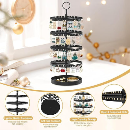MODOWEY 4 Tier Rotating Earring Holder Organizer Display Tree with Metal Tray, Adjustable Plastic Stand with 228 Slots for Stud Hoop Hanger, Large Capacity Storage Rack for Women Space Saving, Black