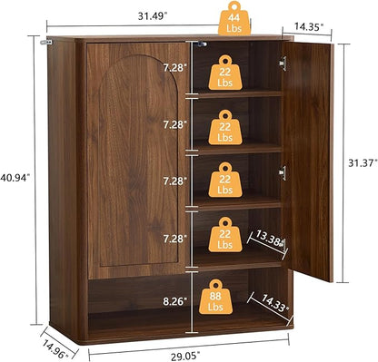 Shoe Cabinet, 5 Tier Wooden Shoe Storage Organizer Cabinet with Adjustable Shelves, Shoes Rack Accent Cabinet for Entryway Hallway Living Room, Walnut