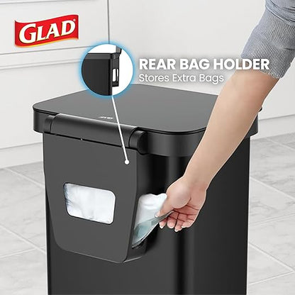 Glad Stainless Steel Step Trash Can, Series 2 with Clorox Protection - Large Black Kitchen Garbage Bin with Soft Close Lid, Foot Pedal and Waste Bag Roll Holder, 13 Gallon