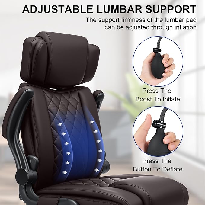 VANSPACE Executive Office Chair with Adjustable Lumbar Support and Headrest 440lbs Ergonomic Computer Chair Comfy High Back Swivel Rolling Office Chair with Flip-up Arms for Heavy People(Brown)