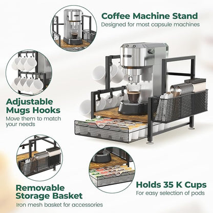 EsLuker.ly Coffee Bar Station Organizer with K Cup Drawer, Pod Holder Storage Rack with 7 Mug Hooks for Countertop, Wooden Coffee Machine Maker Stand for Home Office, Space-Saving for Coffee Lovers
