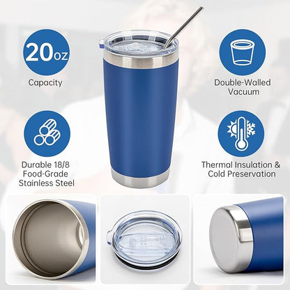 IEOVIEE 32 Pack, 20oz Stainless Steel Bulk Tumblers with Lids and Straws, Double Wall Insulated Travel Coffee Mug, Durable Powder Coated Tumbler Bulk Cup for Cold and Hot Drinks(Dark Blue)