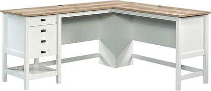 Sauder Cottage Road L Shaped Desk Computer Desk with Drawers, Home Office Desk with Optional File Cabinet Storage, Cable Management, in Soft White Finish