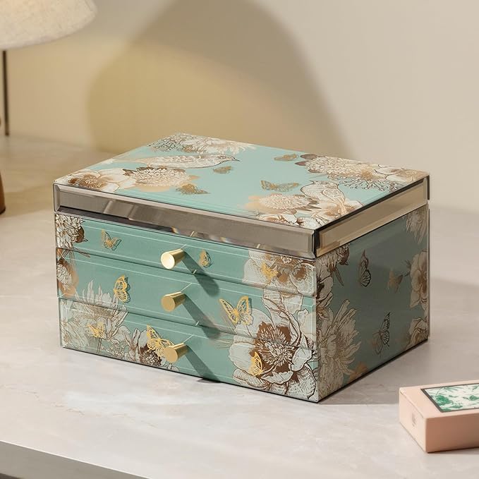 High End Glass Jewelry Box - 3 Layer Jewelry Organizer - Velvet-Lined Case For Ring, Necklace, Earring, Bracelet Storage - Green Floral and Bird - Christmas Gifts For Women