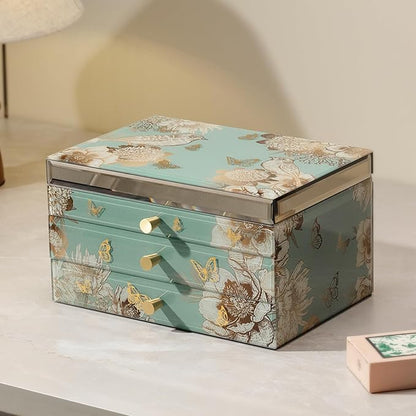 High End Glass Jewelry Box - 3 Layer Jewelry Organizer - Velvet-Lined Case For Ring, Necklace, Earring, Bracelet Storage - Green Floral and Bird - Christmas Gifts For Women
