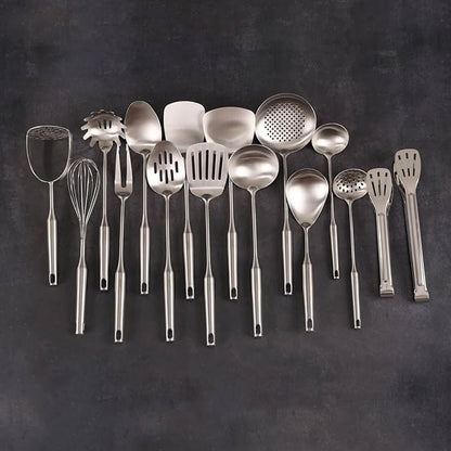 18/10 Stainless Steel Cooking Utensils Set - 16 PCS All Metal Small & Large Kitchen Spoons, Serving Utensils - Whisk, Masher, Fork, Tongs, Solid/Slotted Spoon, Spatula, Turner, Ladle, Skimmer, Pasta