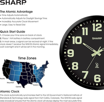 Sharp Glow in The Dark Atomic Analog Wall Clock - 12" Clock with Black Frame - Sets Automatically - Battery Operated - Easy to Read - Easy to Use – See Day or Night!