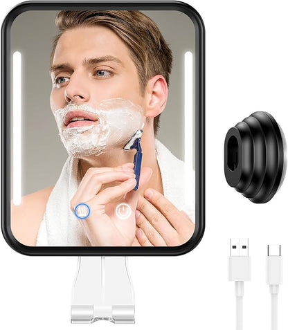 Lighted Shower Mirror Fogless for Shaving with Light, 5000mAh Heated Fogless Mirror for Shower, Detachable Razor Holder and Suction Cup for Wall, NO-Drilling, Waterproof for Bathroom (Black)