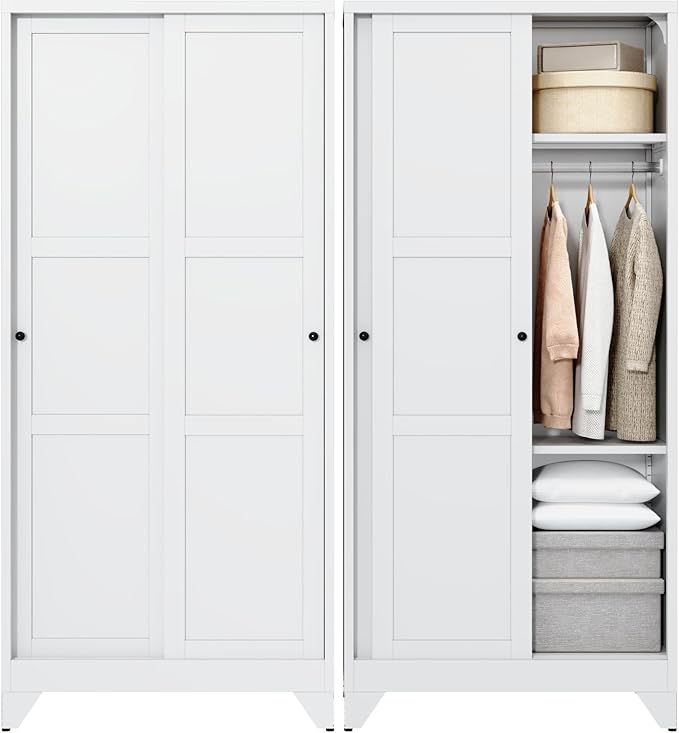 Letaya Metal Sliding Door Wardrobe Cabinets,68" Tall Armoire Wardrobe Closet with Sliding Doors and Shelves,Narrow Slim Coat Closet Cabinet with Hanging Rod,Space Saving for Home (White)