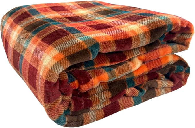 Winter Plaid Fleece Throw Blanket: Soft Plush Flannel Accent for Bed or Couch Orange, Teal Burgundy 50 x 70 inches