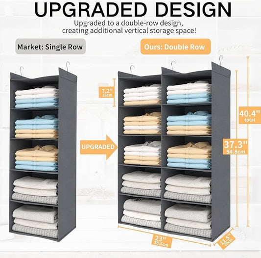 Grey 5-Tier Hanging Closet Storage Organizer - Space-Saving Dual-Row Foldable Shelves with 3 Hooks, Wardrobe Organizer for Dorm, Bedroom, Clothes and Accessories
