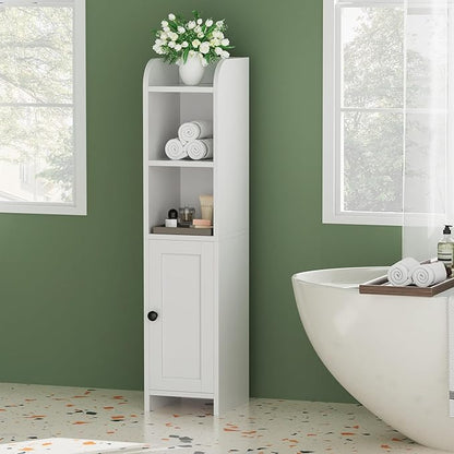 Homhedy Small Bathroom Storage Corner Floor Cabinet with Door and Shelves, Beside The Toilet Paper Stand for Skinny, Narrow Toilet Paper Cabinet, 7.9" D x 7.1" W x 31" H, White