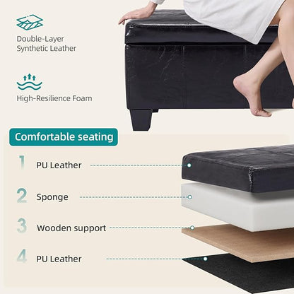 Faux Leather Ottoman with Storage, 41" Storage Bench Foot Rest with Legs, Ottoman Bench Sturdy Wood Frame Supports 660 lbs for Bedroom, Living Room, Entryway, Black