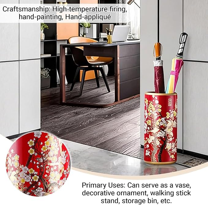 Ceramic Entryway Umbrella Stand,Handmade Appliques Chinese Umbrella Stand Barrels,Vintage Floor Standing Cane Holder Placed & Flower Vases for Hotel Office Home Entrance,E,17.3in