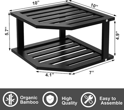 VERTORGAN Bamboo Corner Shelf(2 Pack),2 Tier Plate Organizer for Cabinet and Countertop,Pantry Dish and Spice Rack for Kitchen(Black)