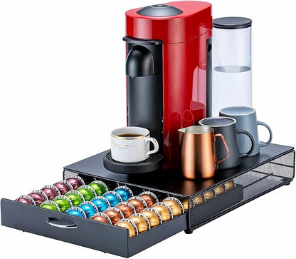 FlagShip for Nespresso Pod Storage Vertuo Pod Holder Coffee Pod Organizer Morden Design And Coffee Machine Stand Black Metal(50 Pods Capacity)