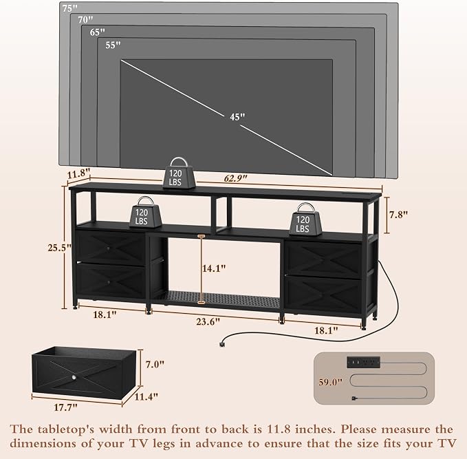 JUSTOGO TV Stand with Fabric Drawers for 65 70 75 Inches TV - Entertainment Center with Open Storage Shelf, Power Outlets & LED Lights for Living Room, Bedroom, 63" TV Console Media Console, Black