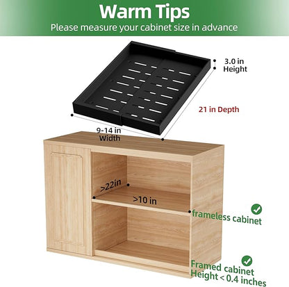 PAKETA 4 Pack Expandable Pull Out Cabinet Organizer, 21'' Deep Pull Out Drawers for Cabinet, Upgrade 3 Slide Rails Sliding Drawers for Cabinets with Adhesive Nano Film (Black, 21"D X 9-14"W)