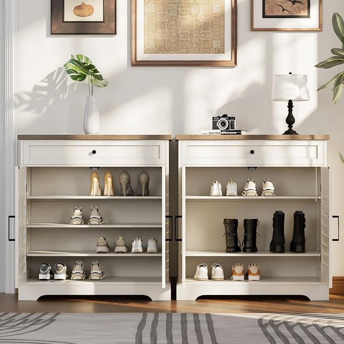 ChooChoo Farmhouse Shoe Cabinet with Doors, 4-Tier Shoe Storage Cabinet with Drawer and Shelves, Wooden Shoe Rack Organizer for Entryway, Hallway, Closet, White